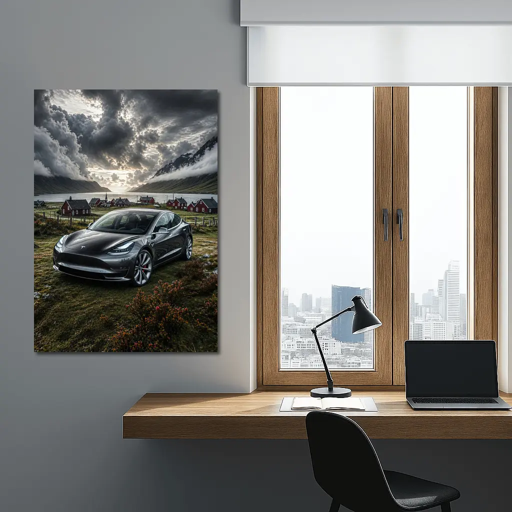 Tesla Model 3 Dark Dramatic Cloudy Landscape – Wall Art