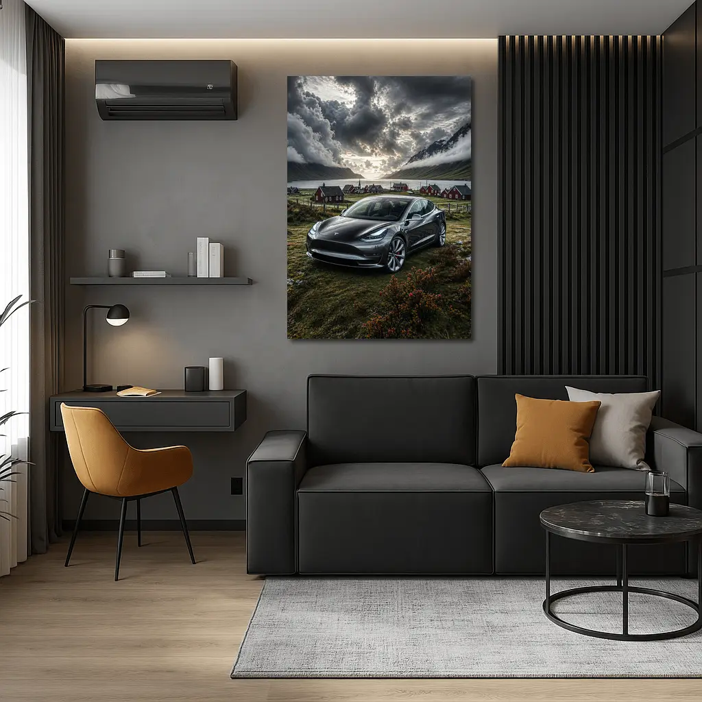 Tesla Model 3 Dark Dramatic Cloudy Landscape – Wall Art