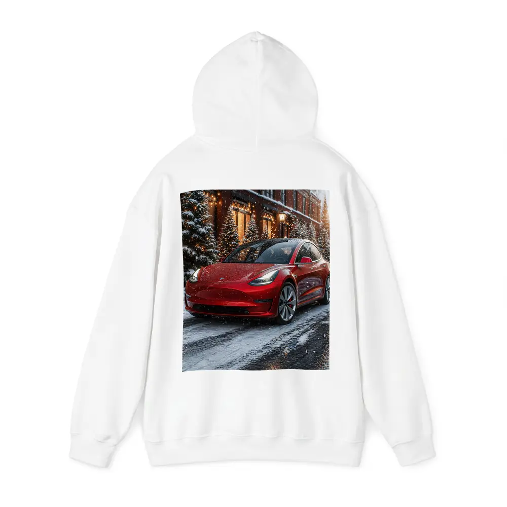Tesla Model 3 Red Car Winter Snow Scene – Hoodies