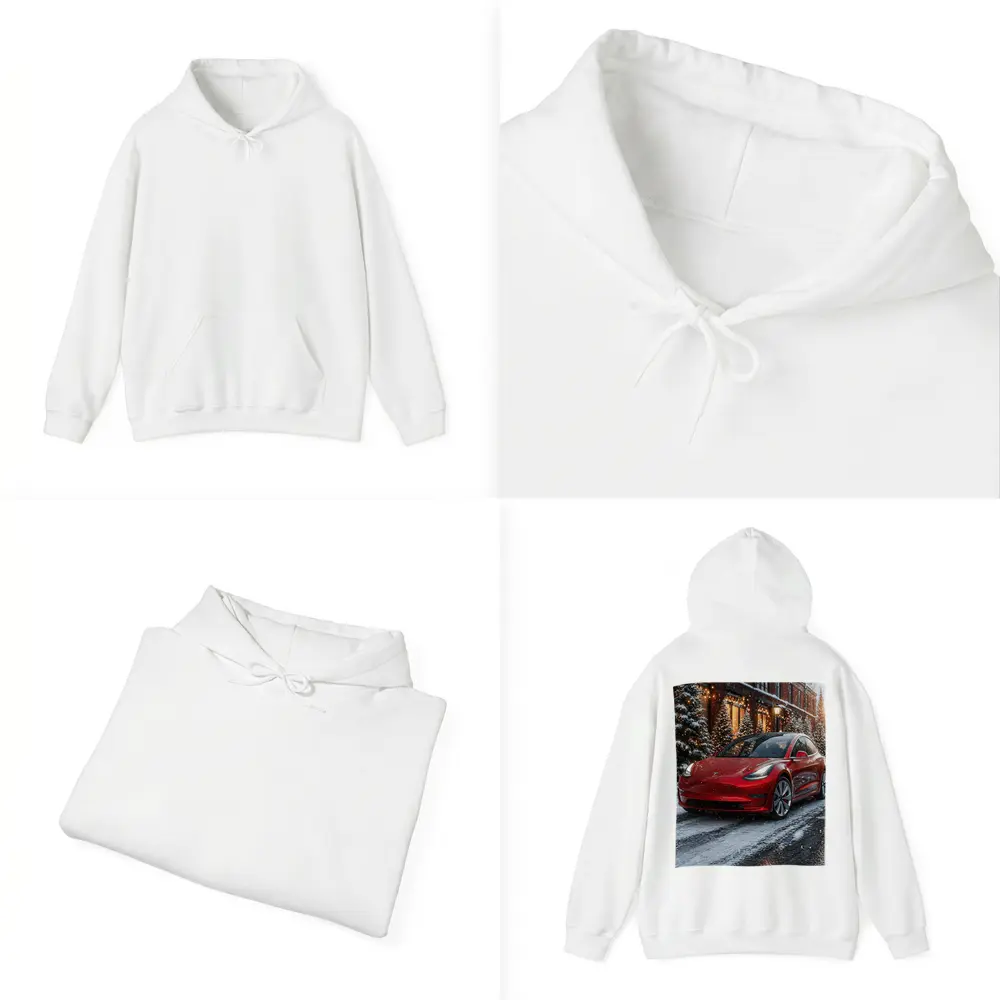 Tesla Model 3 Red Car Winter Snow Scene – Hoodies
