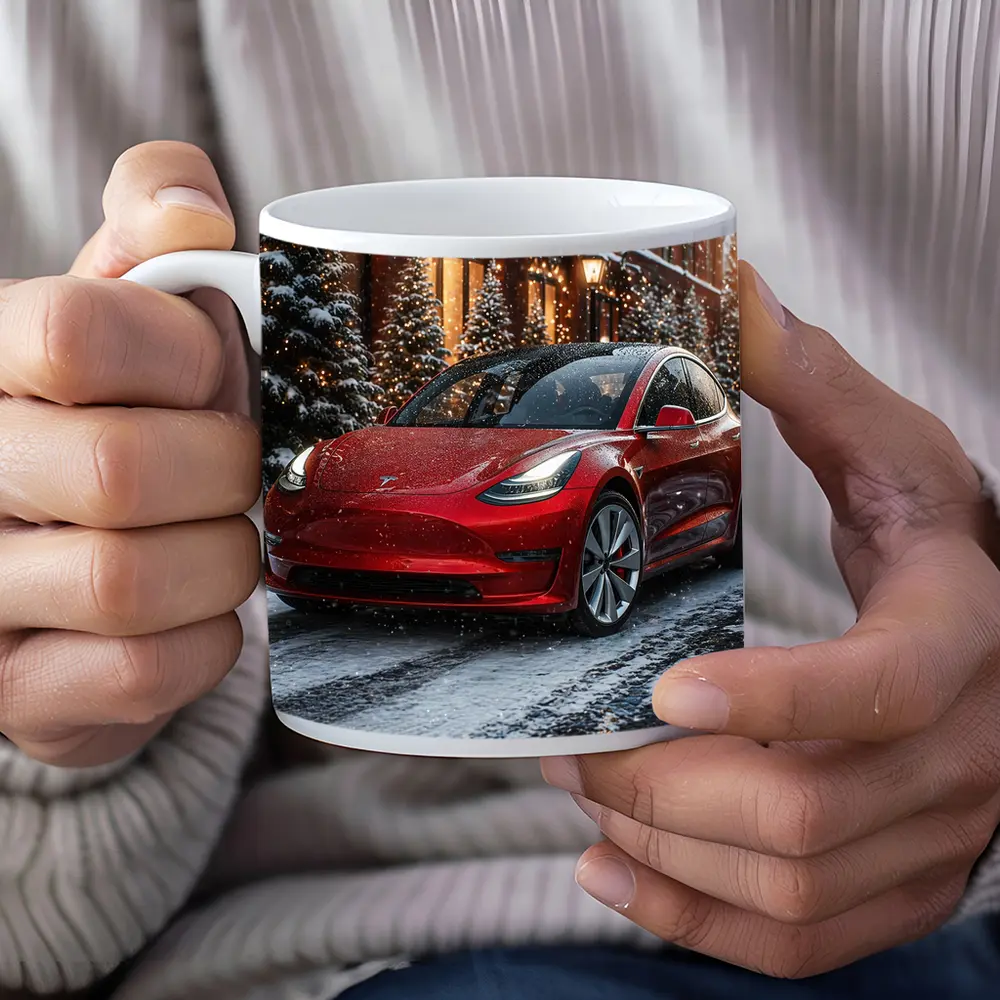 Tesla Model 3 Red Car Winter Snow Scene – Mugs