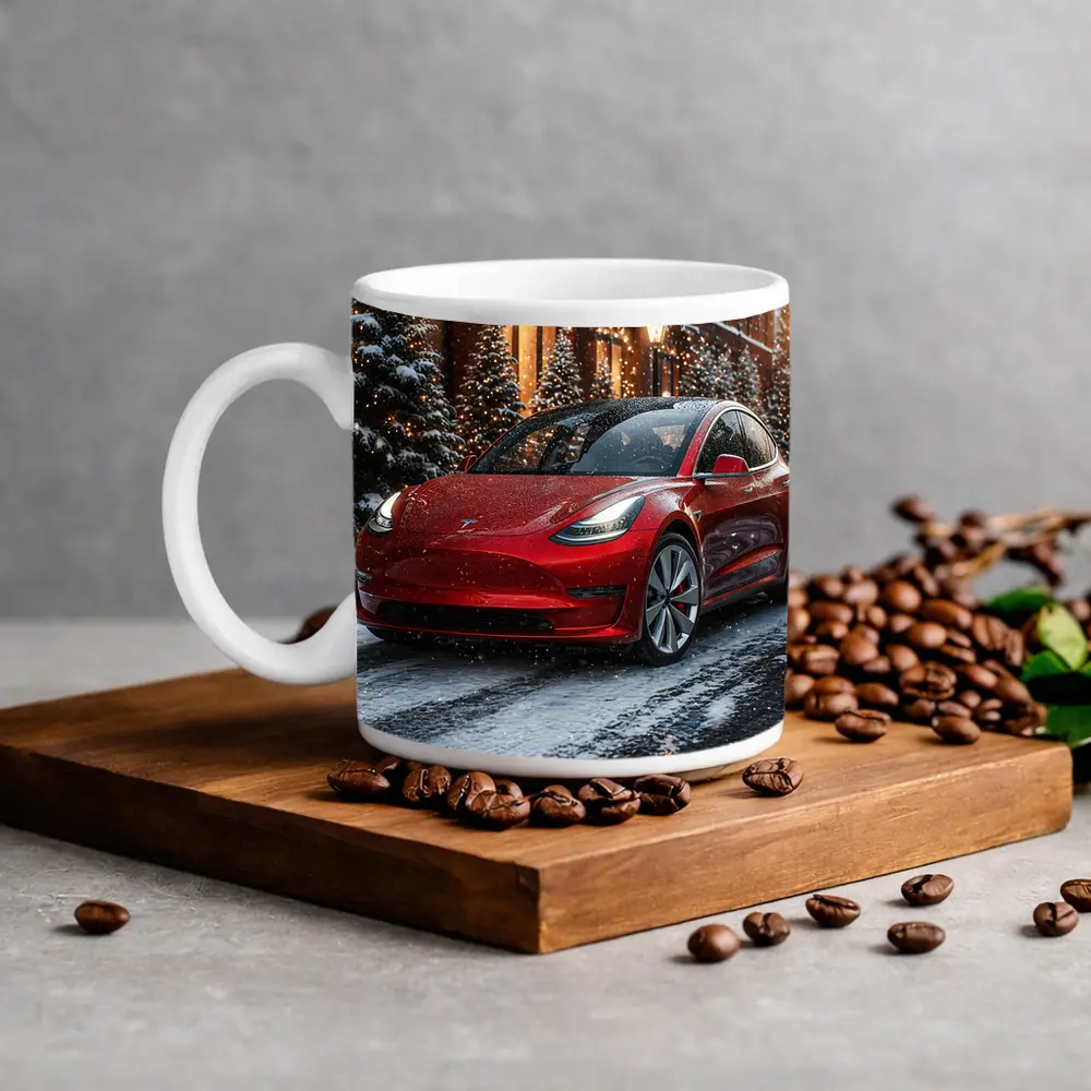 Tesla Model 3 Red Car Winter Snow Scene – Mugs