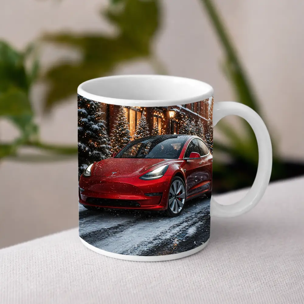 Tesla Model 3 Red Car Winter Snow Scene – Mugs
