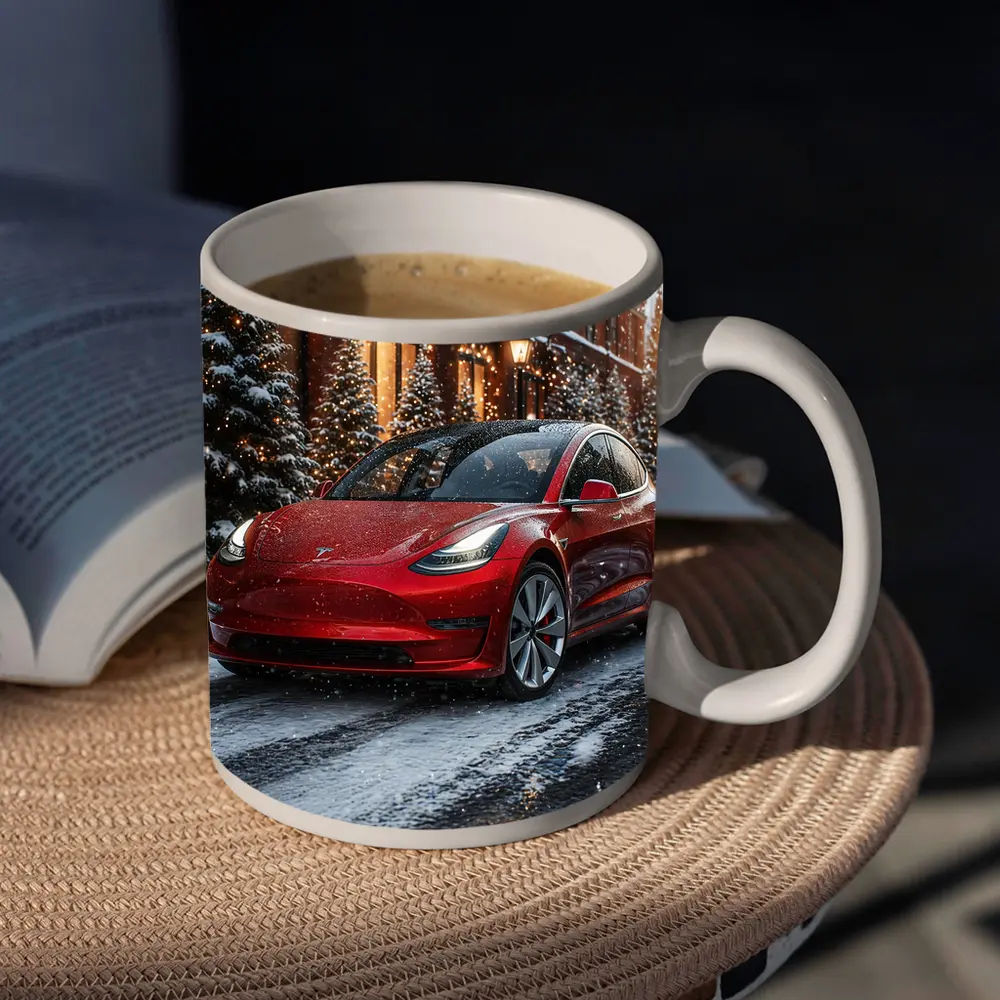 Tesla Model 3 Red Car Winter Snow Scene – Mugs