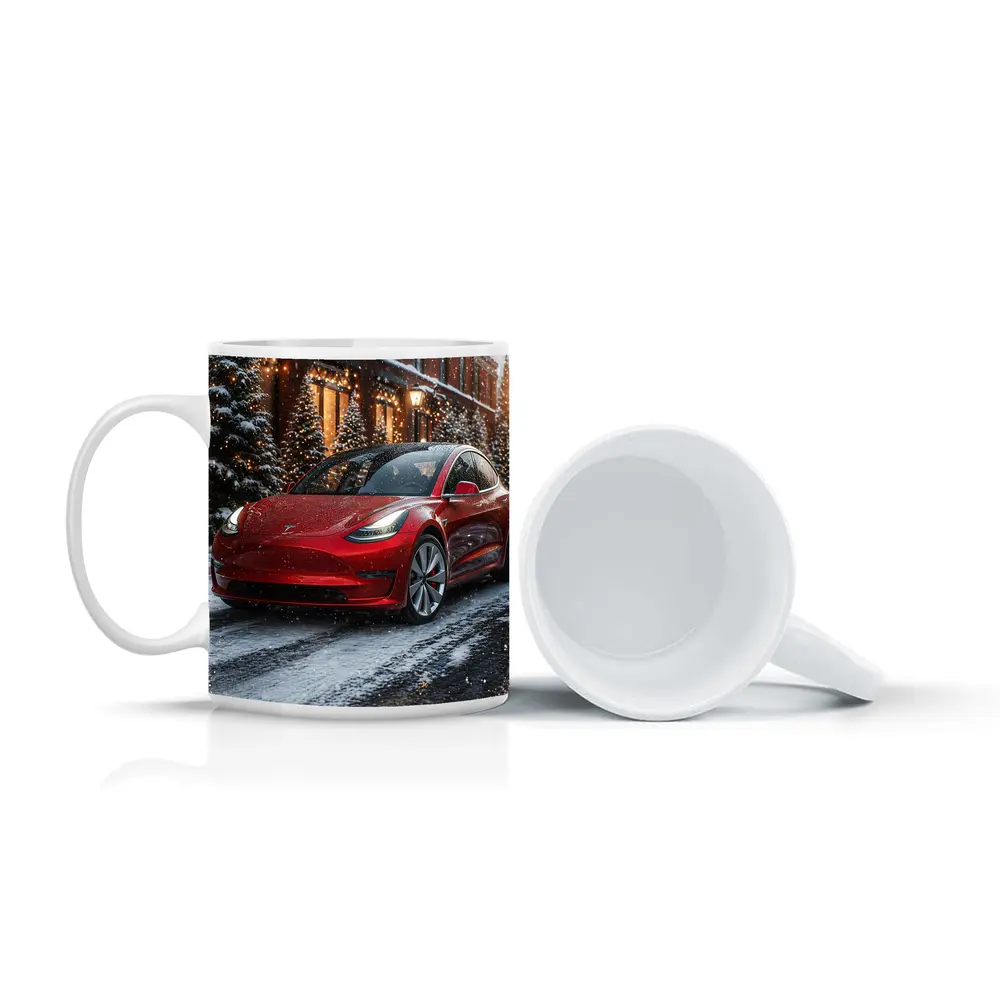 Tesla Model 3 Red Car Winter Snow Scene – Mugs