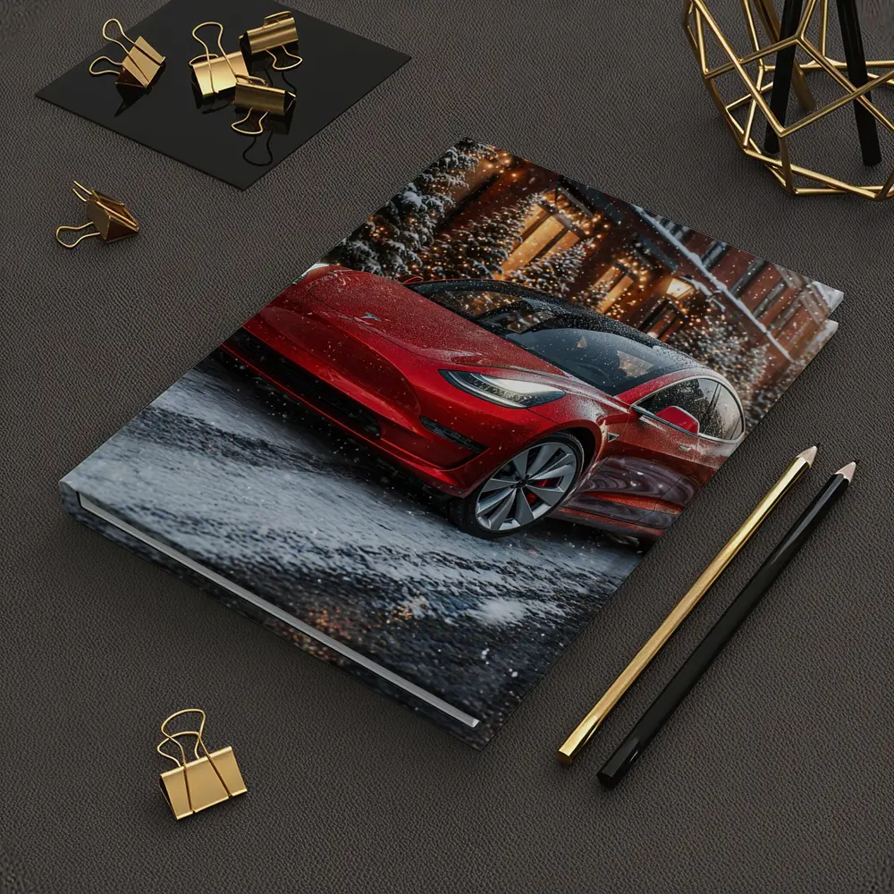 Tesla Model 3 Red Car Winter Snow Scene – Notebooks