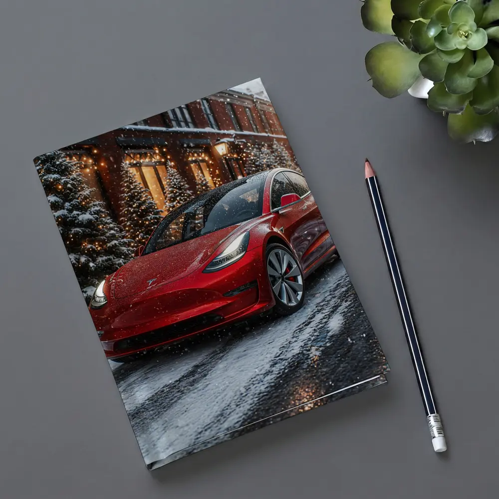 Tesla Model 3 Red Car Winter Snow Scene – Notebooks