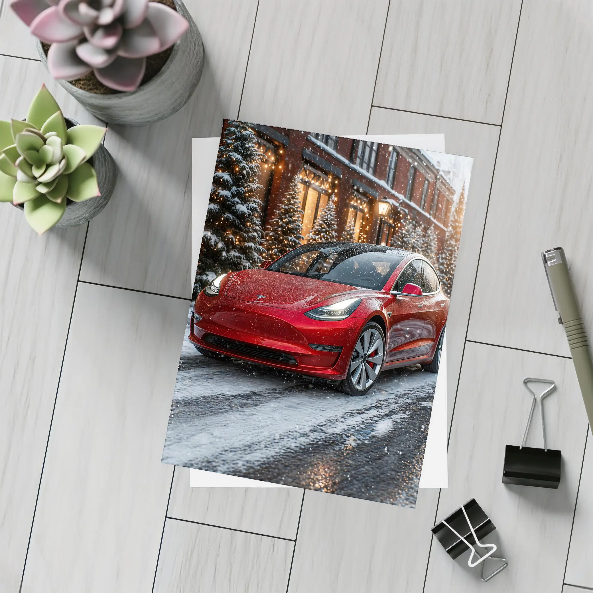 Tesla Model 3 Red Car Winter Snow Scene – Postcards