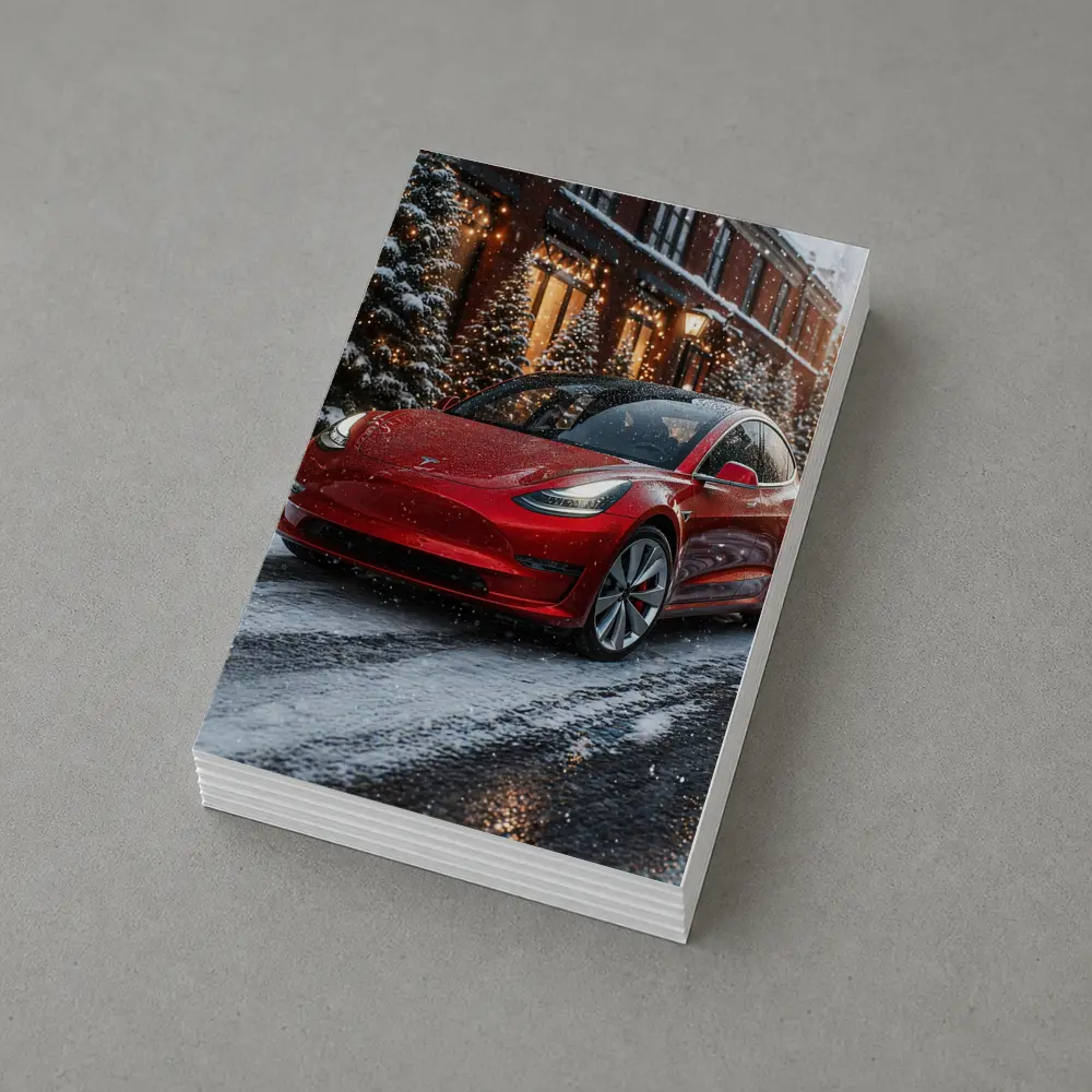 Tesla Model 3 Red Car Winter Snow Scene – Postcards