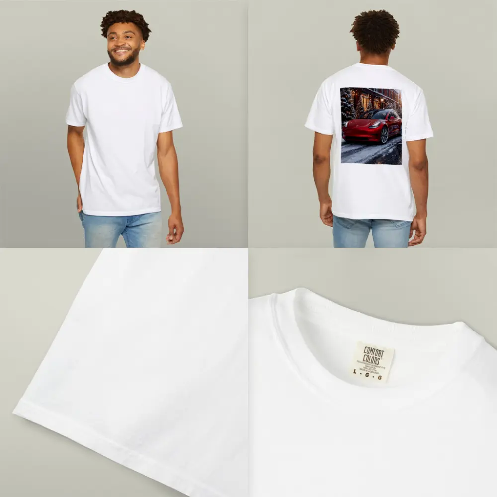 Tesla Model 3 Red Car Winter Snow Scene – T-Shirts