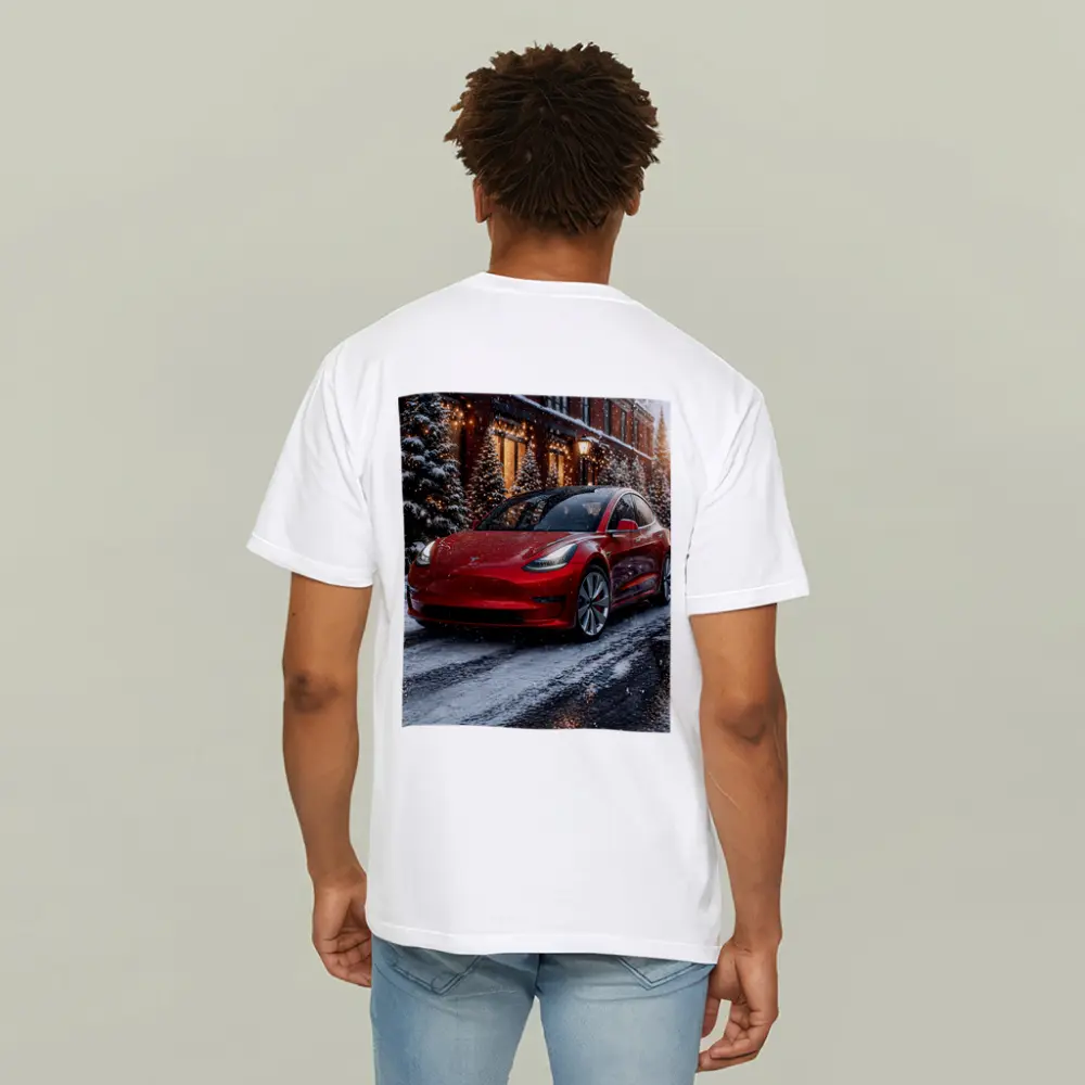 Tesla Model 3 Red Car Winter Snow Scene – T-Shirts