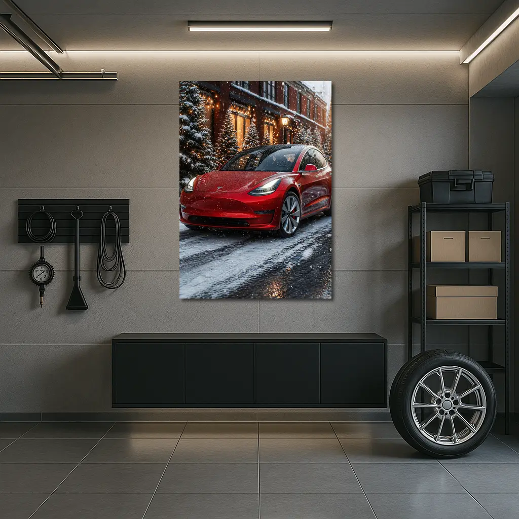 Tesla Model 3 Red Car Winter Snow Scene – Wall Art
