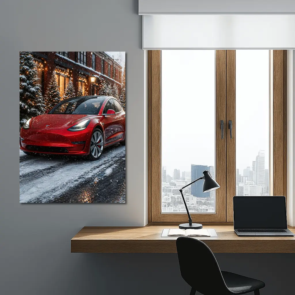 Tesla Model 3 Red Car Winter Snow Scene – Wall Art