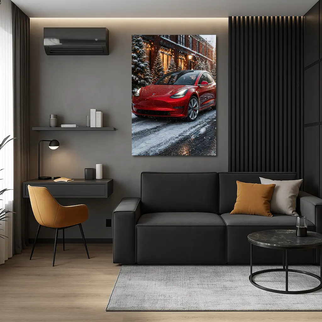 Tesla Model 3 Red Car Winter Snow Scene – Wall Art