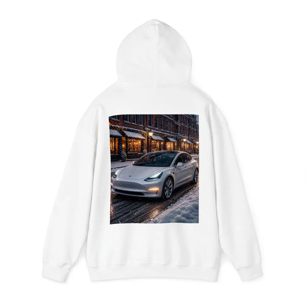 Tesla Model 3 White Snowy City Street – Hoodies