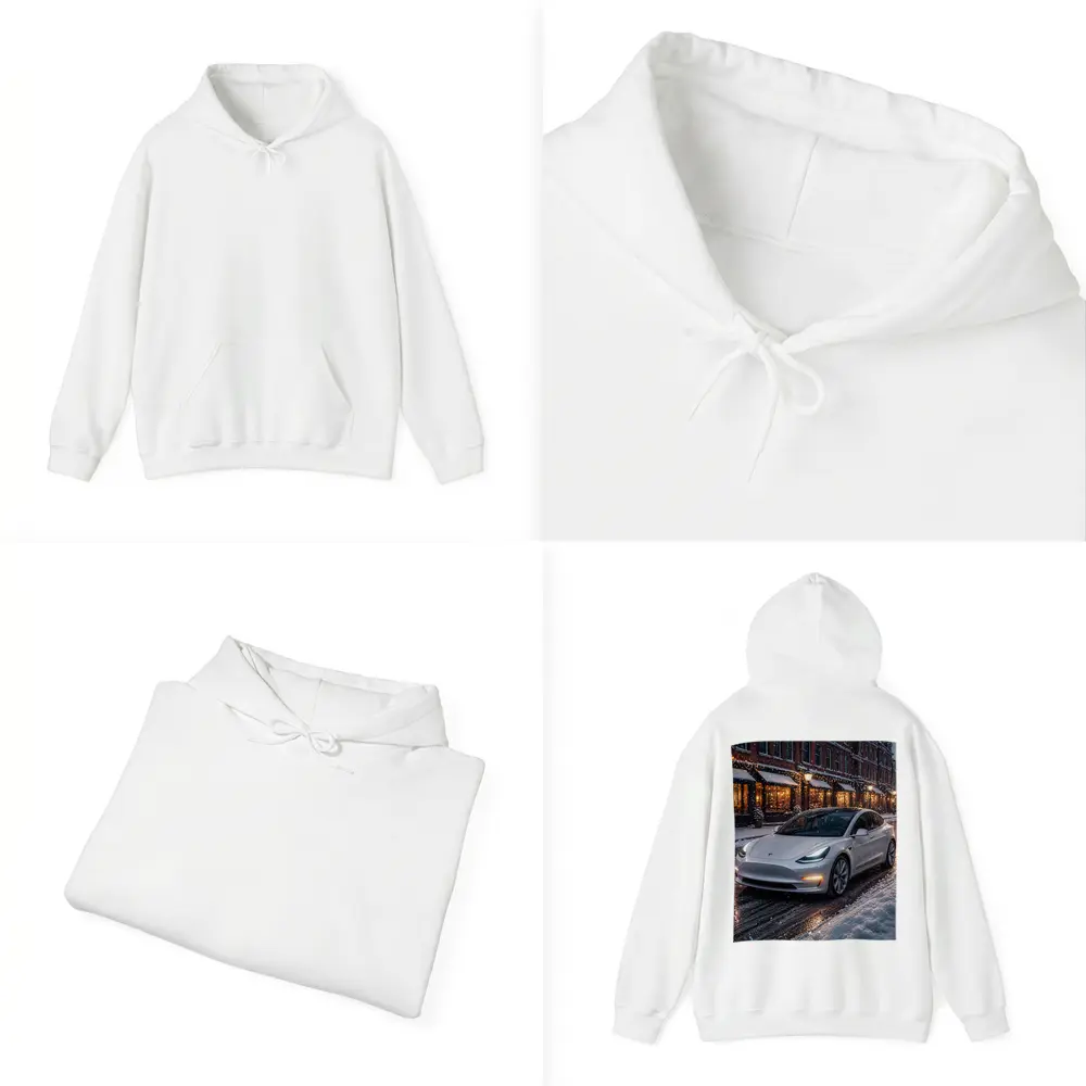 Tesla Model 3 White Snowy City Street – Hoodies