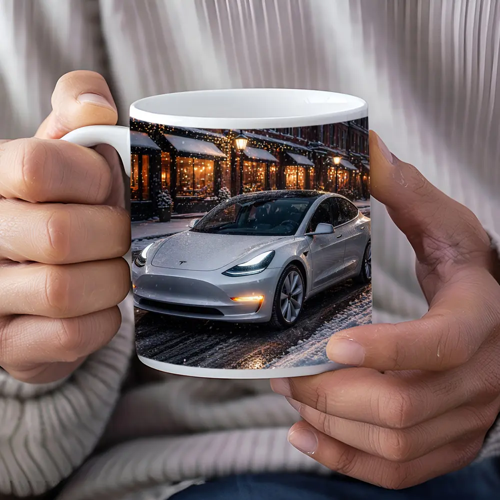 Tesla Model 3 White Snowy City Street – Mugs