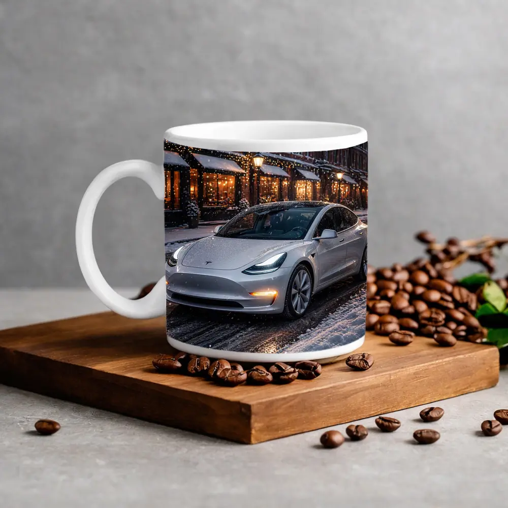 Tesla Model 3 White Snowy City Street – Mugs