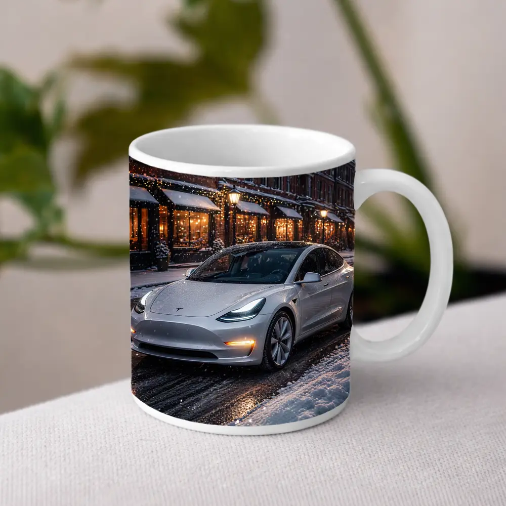 Tesla Model 3 White Snowy City Street – Mugs