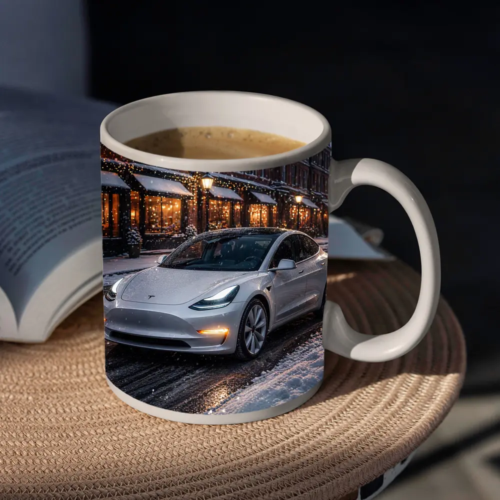 Tesla Model 3 White Snowy City Street – Mugs