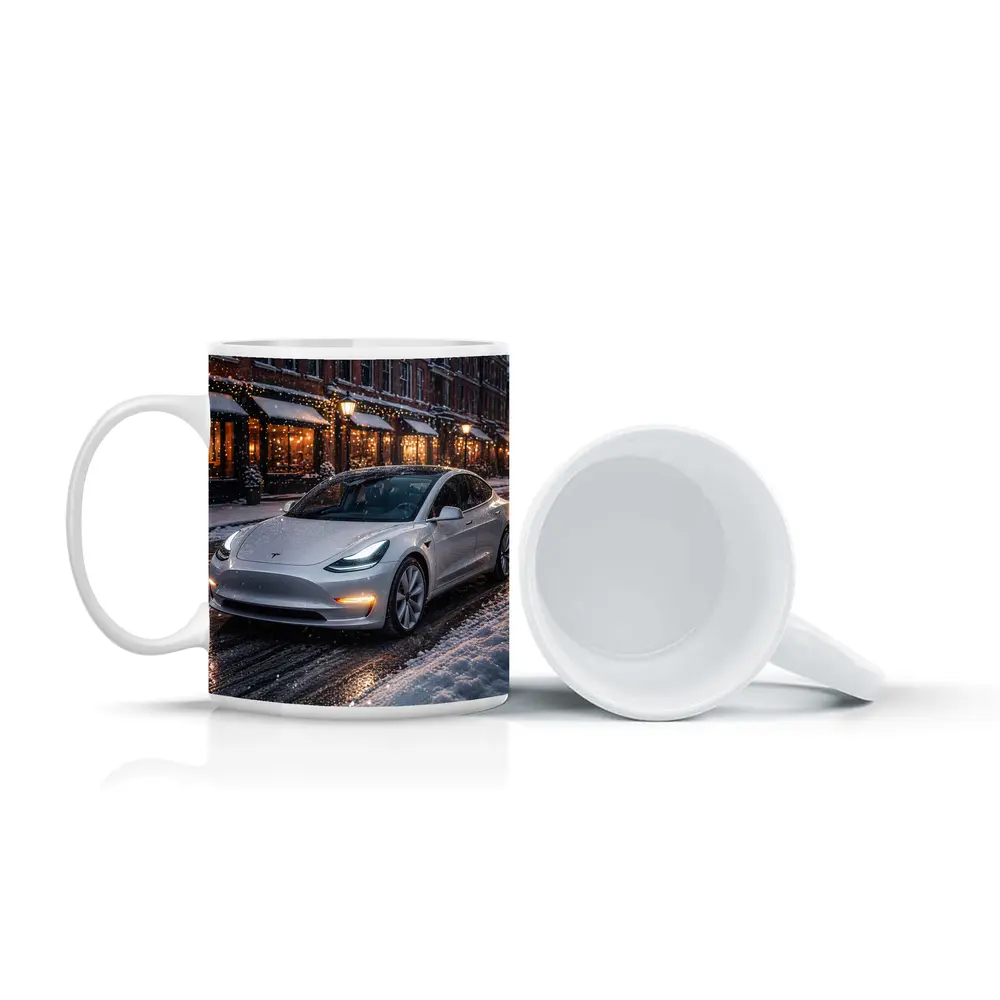 Tesla Model 3 White Snowy City Street – Mugs