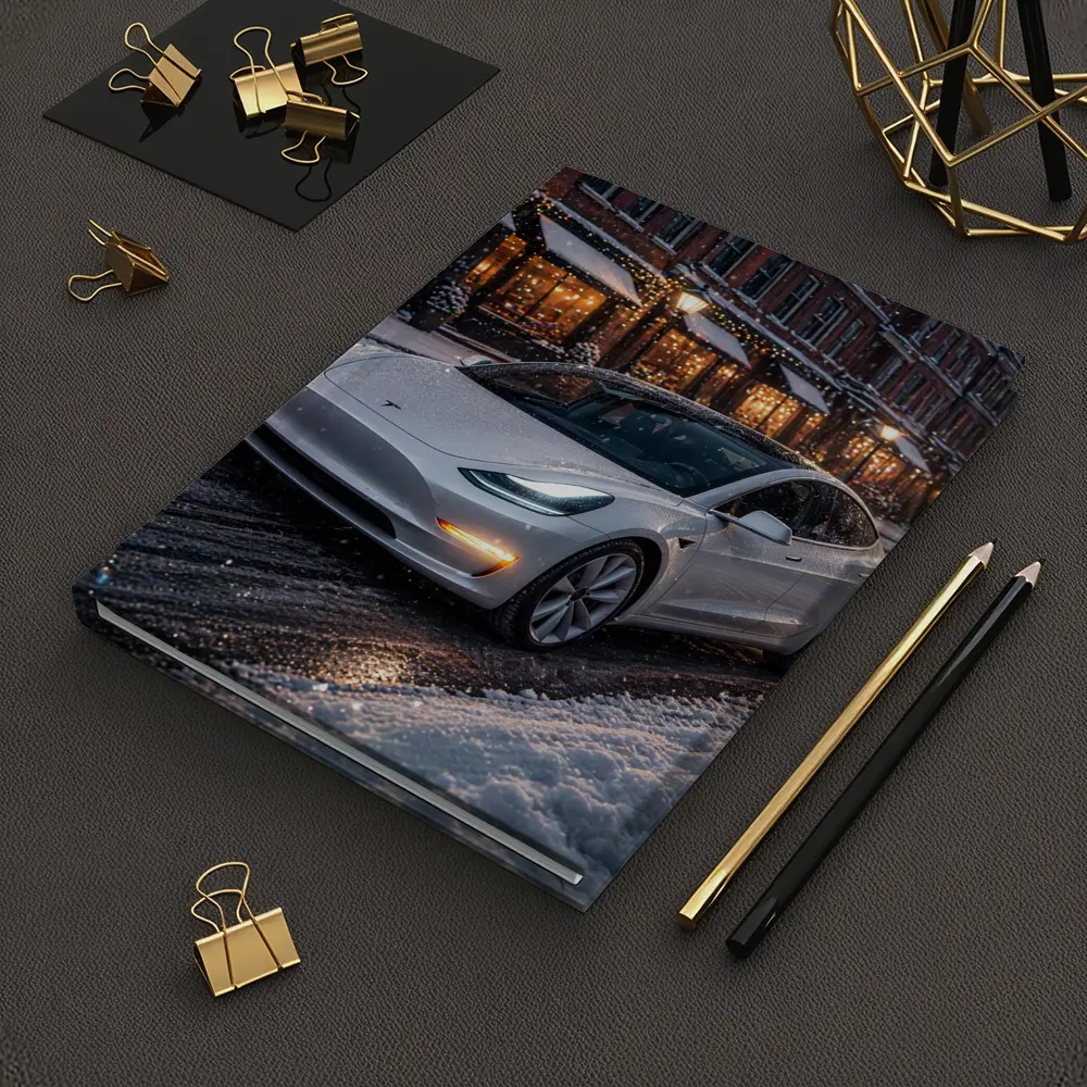 Tesla Model 3 White Snowy City Street – Notebooks