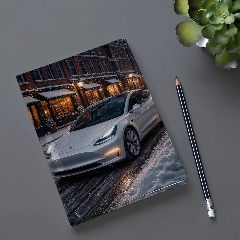 Tesla Model 3 White Snowy City Street – Notebooks