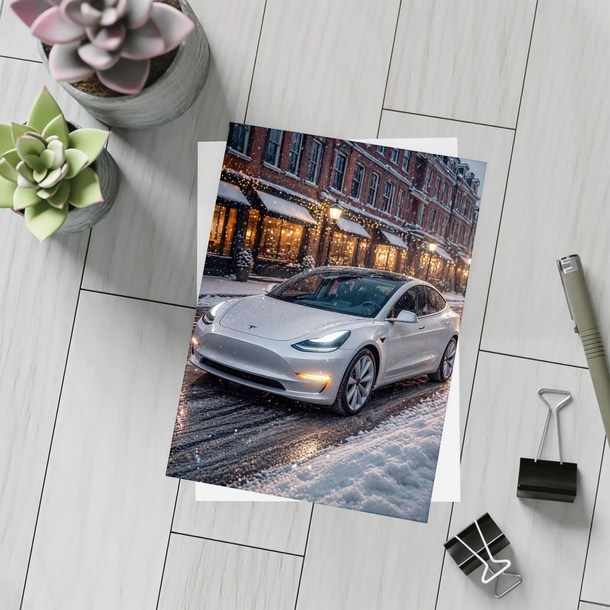 Tesla Model 3 White Snowy City Street – Postcards