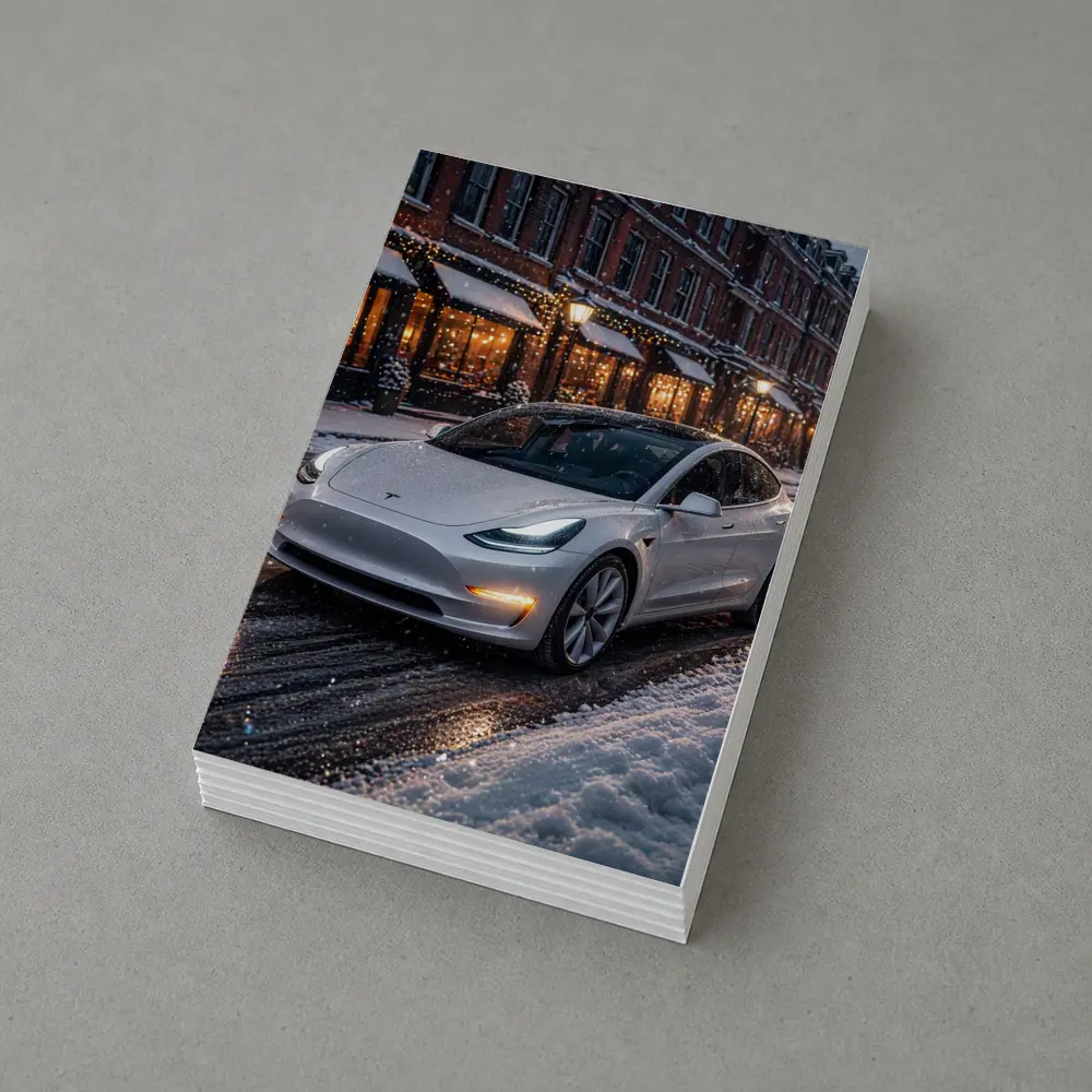 Tesla Model 3 White Snowy City Street – Postcards