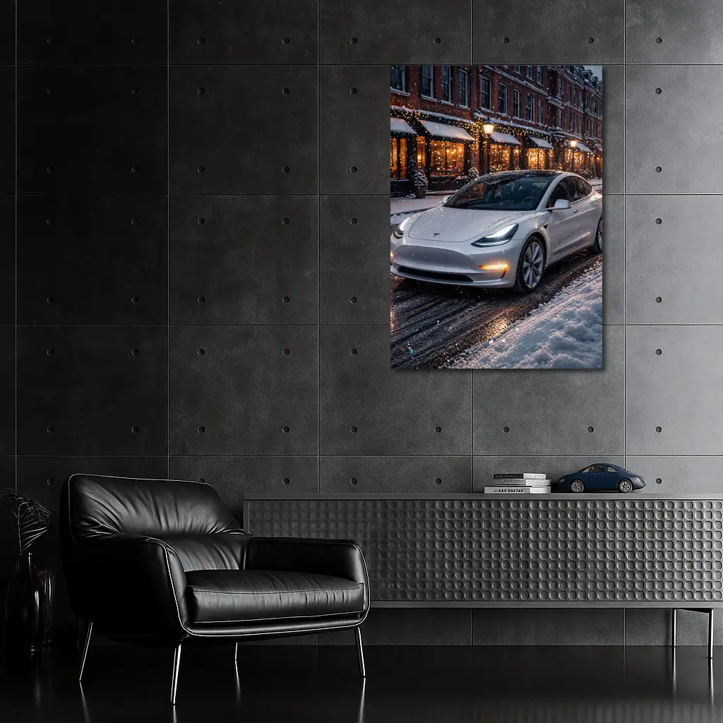 Tesla Model 3 White Snowy City Street – Wall Art