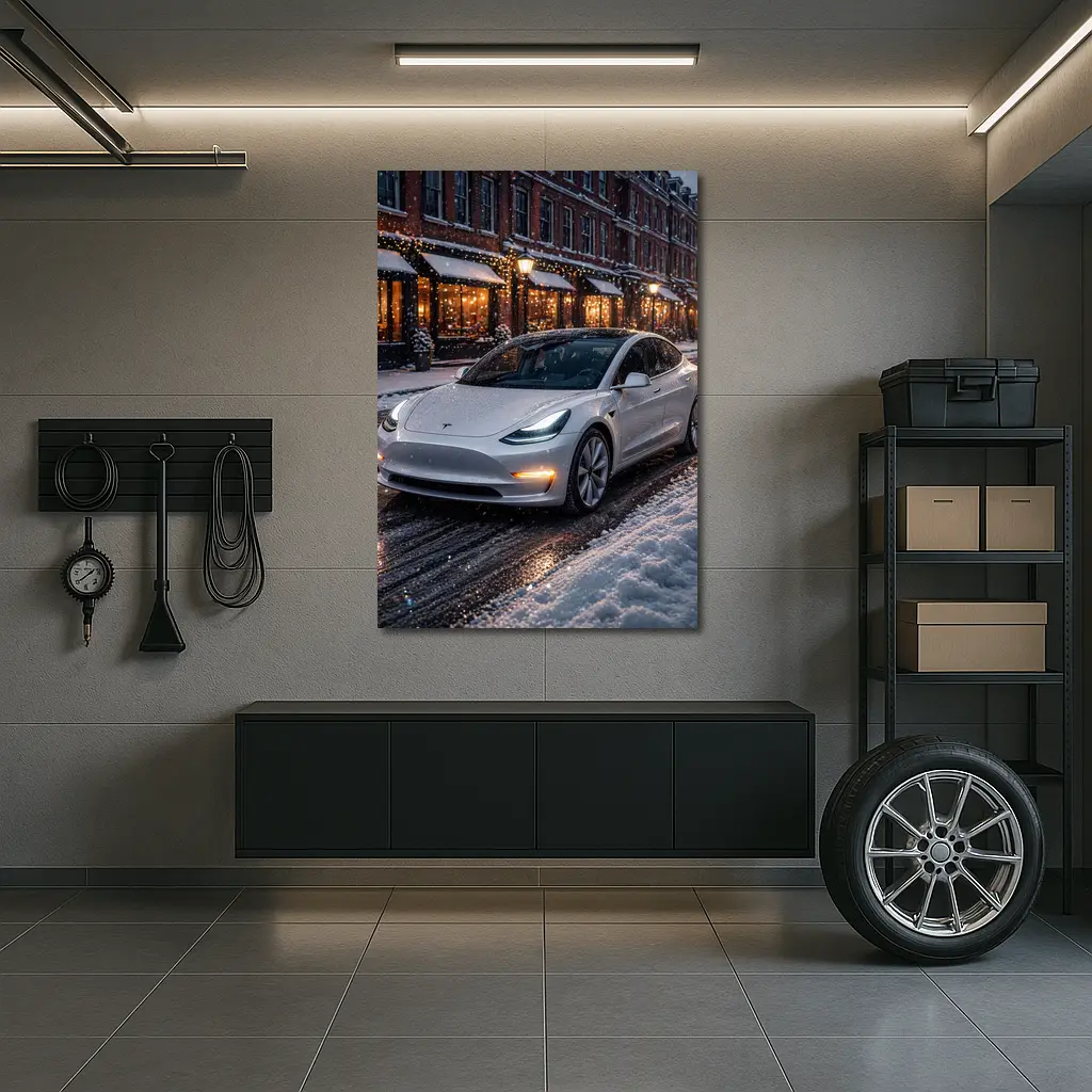 Tesla Model 3 White Snowy City Street – Wall Art