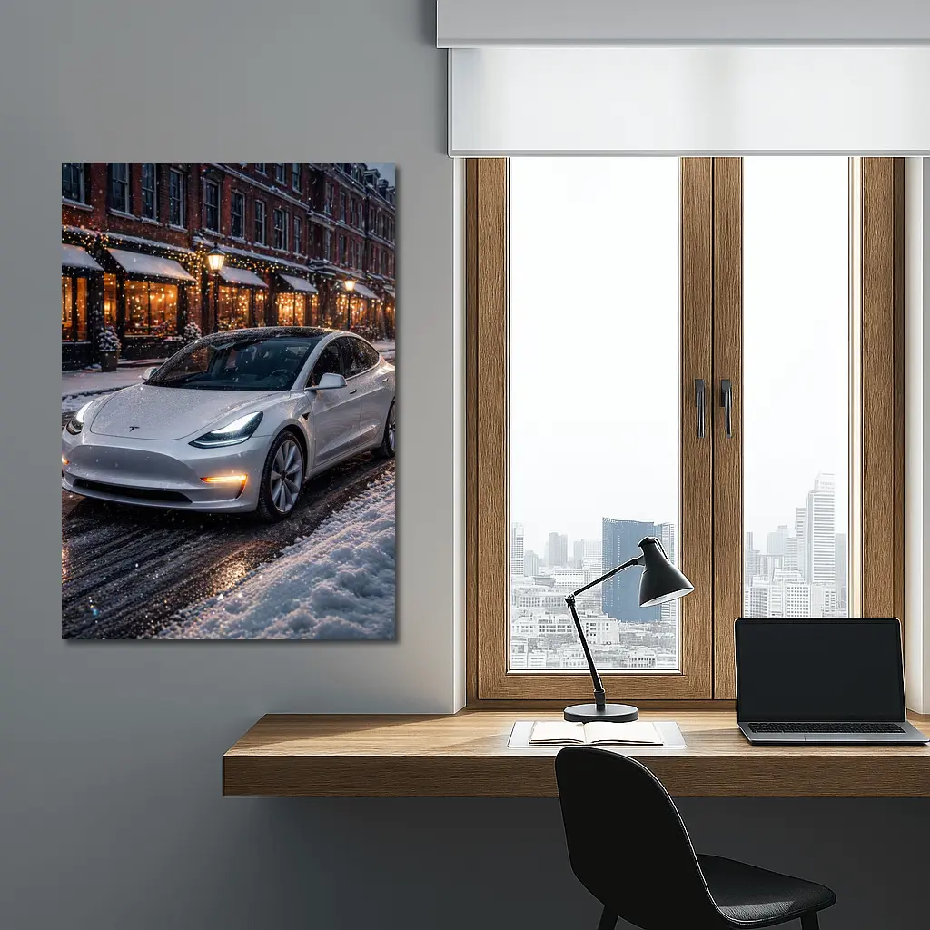 Tesla Model 3 White Snowy City Street – Wall Art