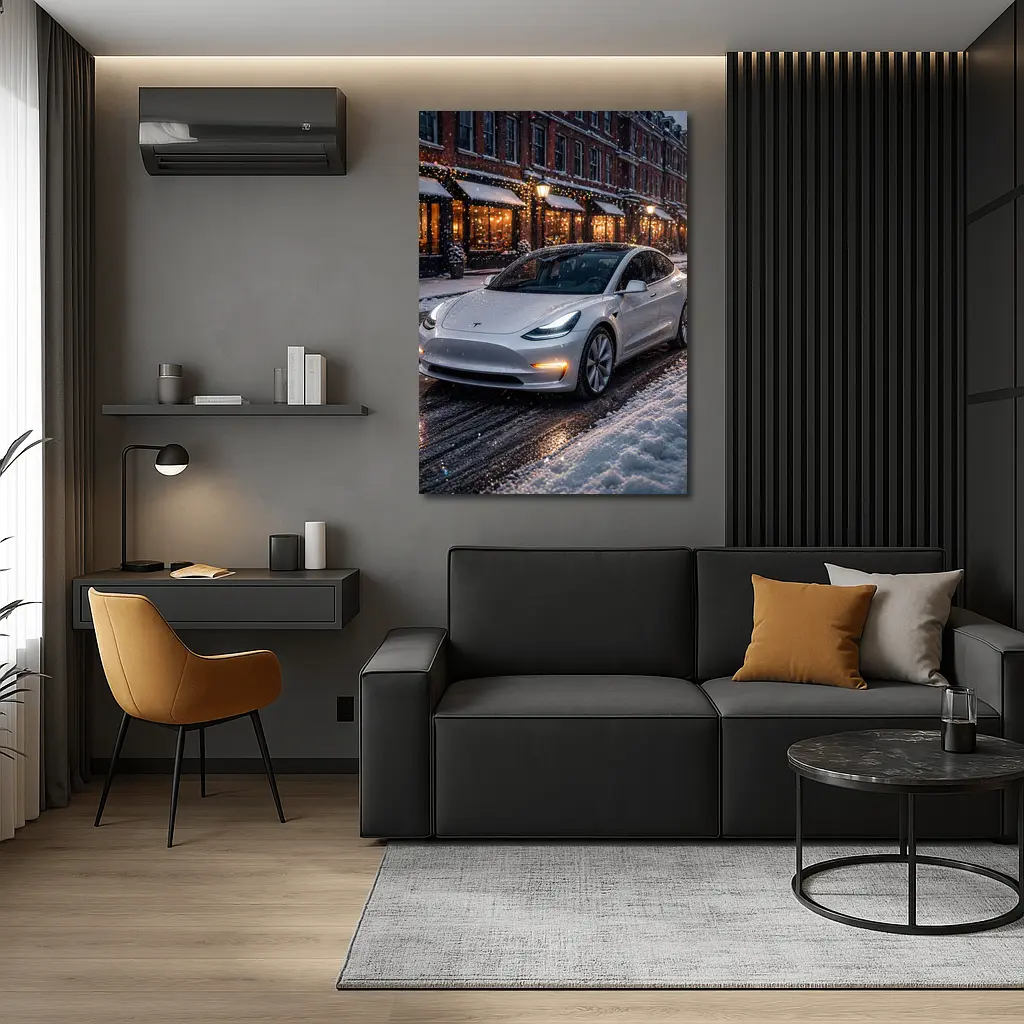 Tesla Model 3 White Snowy City Street – Wall Art