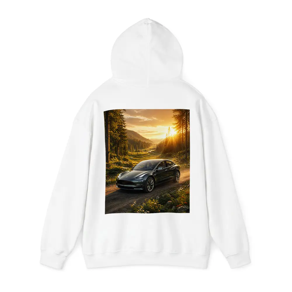 Tesla Model 3 Driving Forest Sunset Road – Hoodies