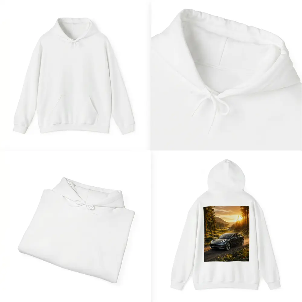 Tesla Model 3 Driving Forest Sunset Road – Hoodies