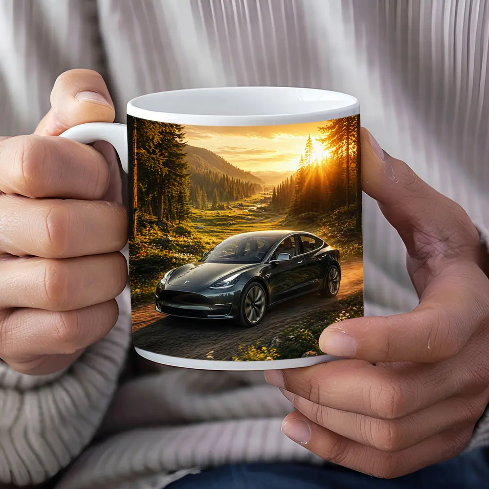 Tesla Model 3 Driving Forest Sunset Road – Mugs