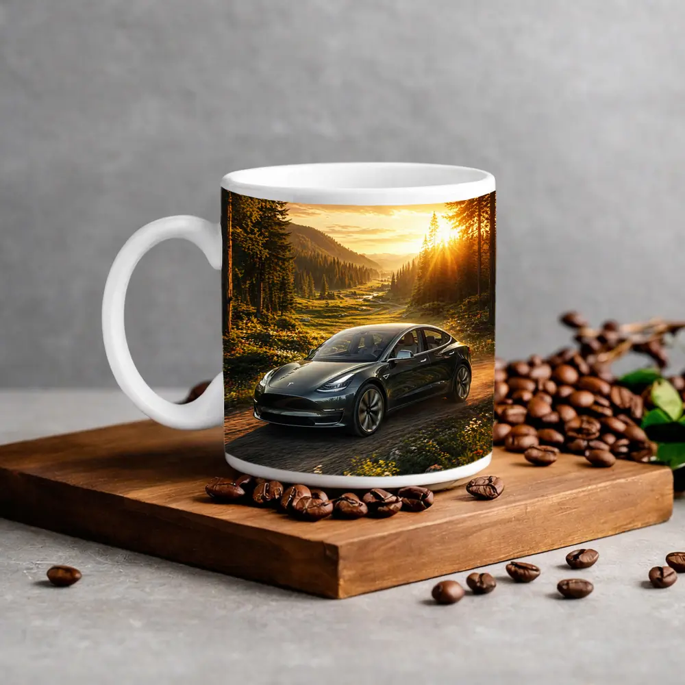Tesla Model 3 Driving Forest Sunset Road – Mugs