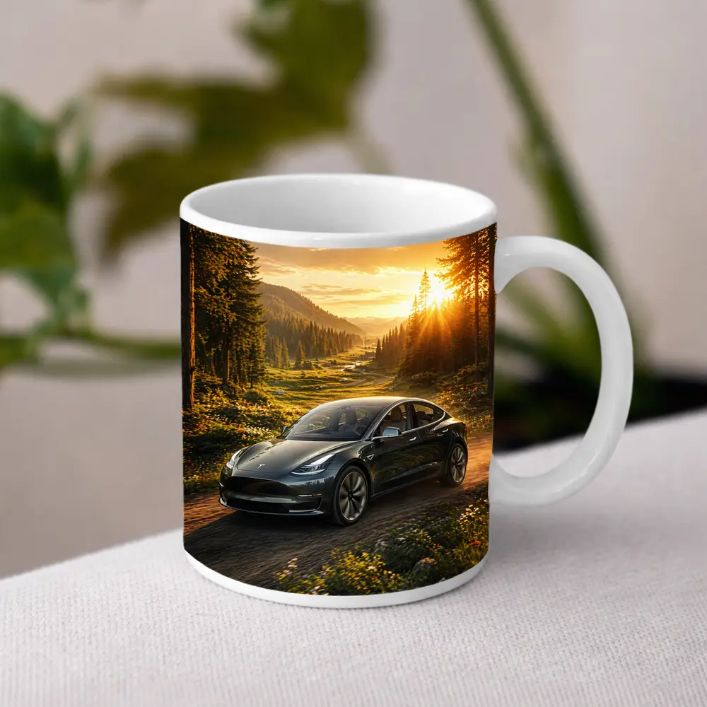 Tesla Model 3 Driving Forest Sunset Road – Mugs