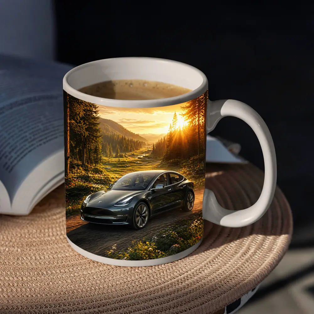 Tesla Model 3 Driving Forest Sunset Road – Mugs