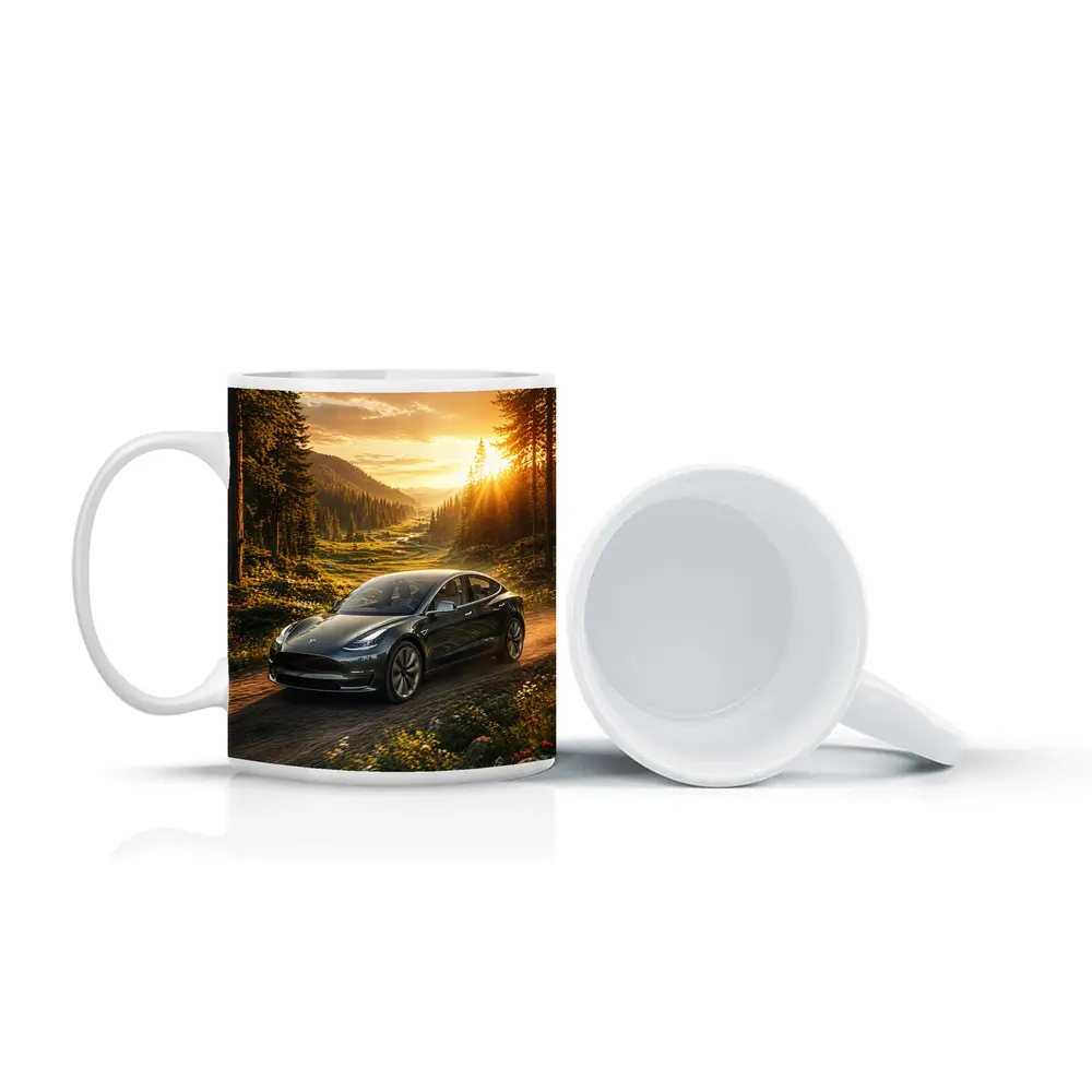 Tesla Model 3 Driving Forest Sunset Road – Mugs