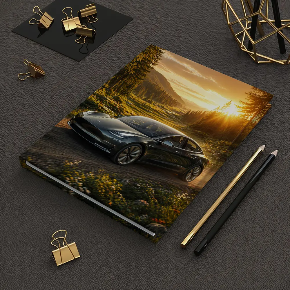 Tesla Model 3 Driving Forest Sunset Road – Notebooks