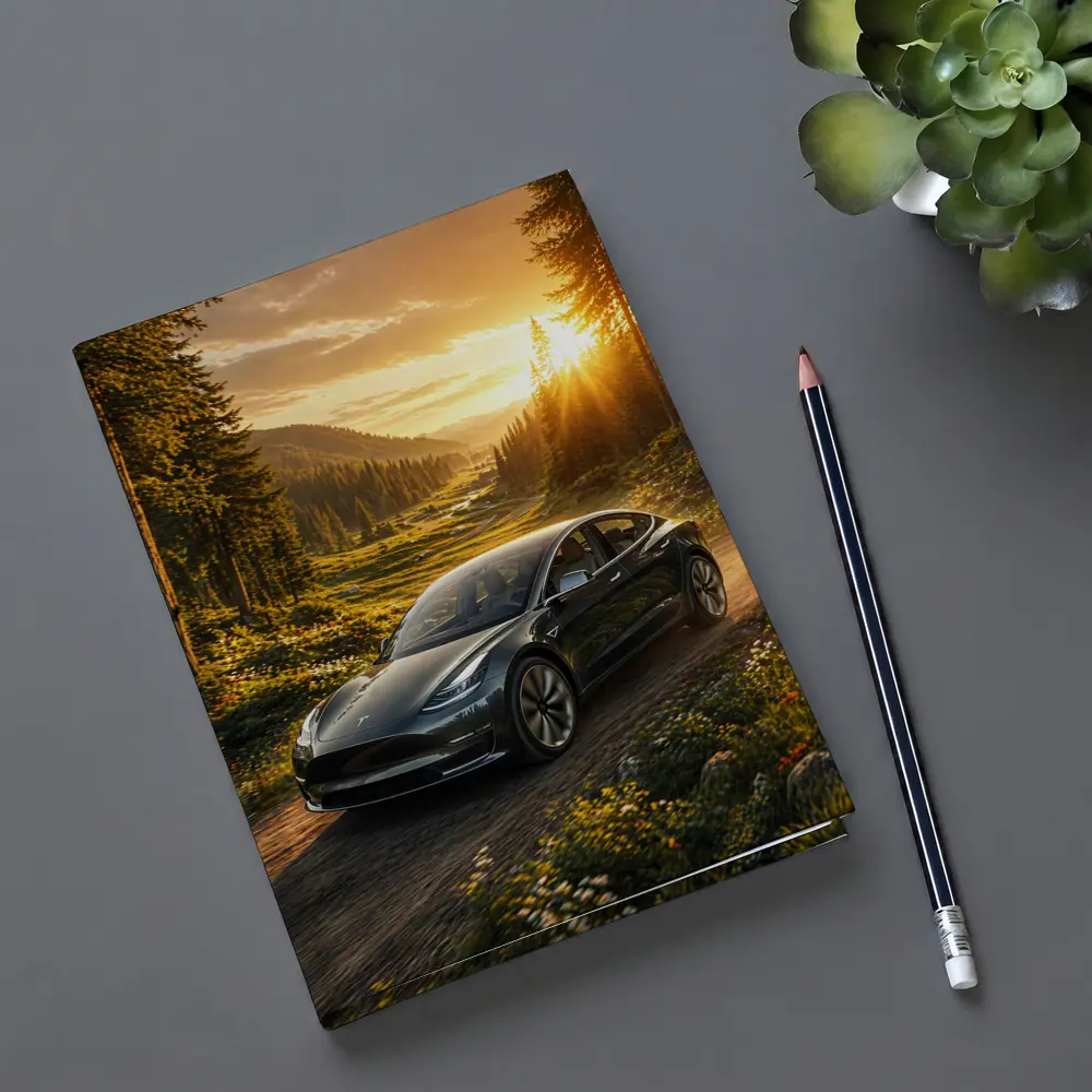 Tesla Model 3 Driving Forest Sunset Road – Notebooks