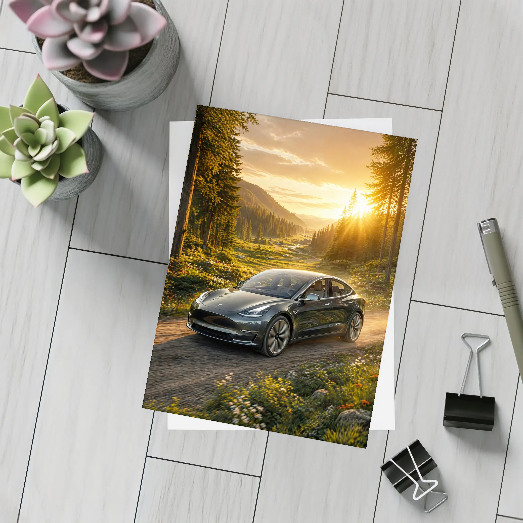 Tesla Model 3 Driving Forest Sunset Road – Postcards