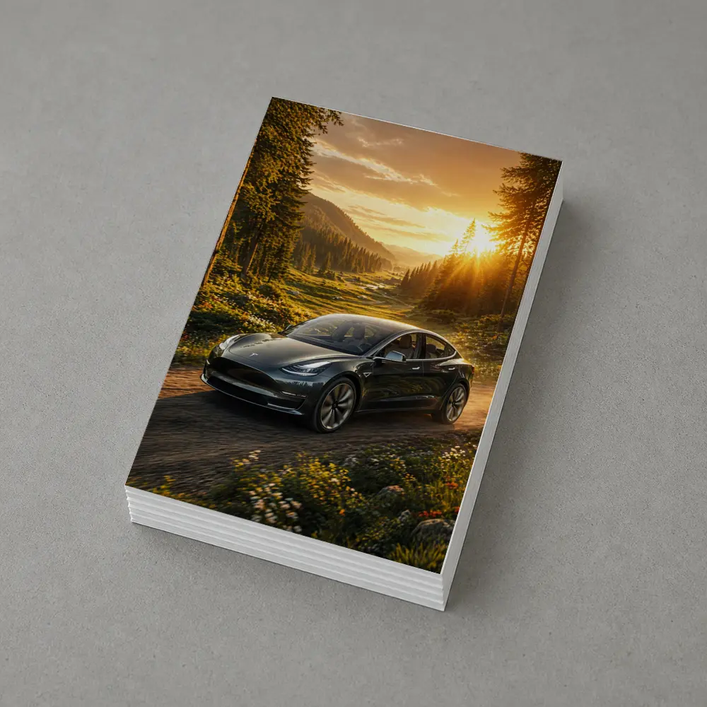 Tesla Model 3 Driving Forest Sunset Road – Postcards