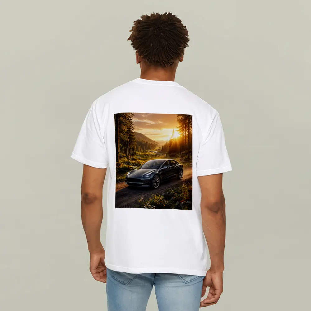Tesla Model 3 Driving Forest Sunset Road – T-Shirts