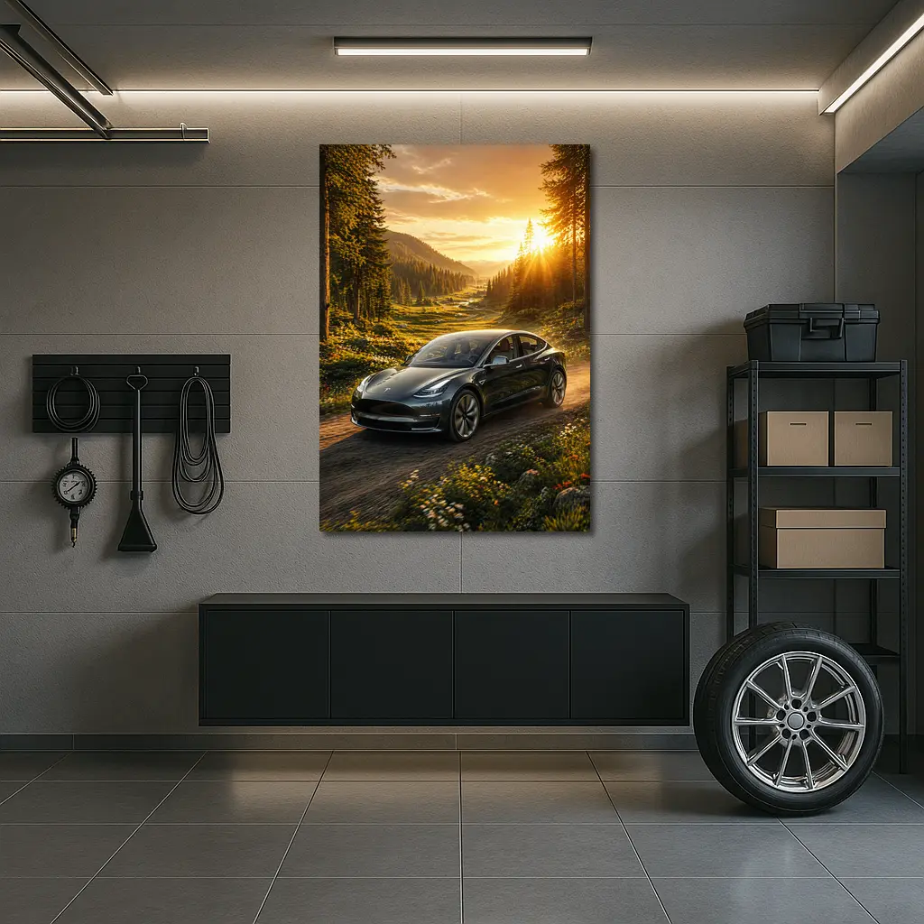 Tesla Model 3 Driving Forest Sunset Road – Wall Art