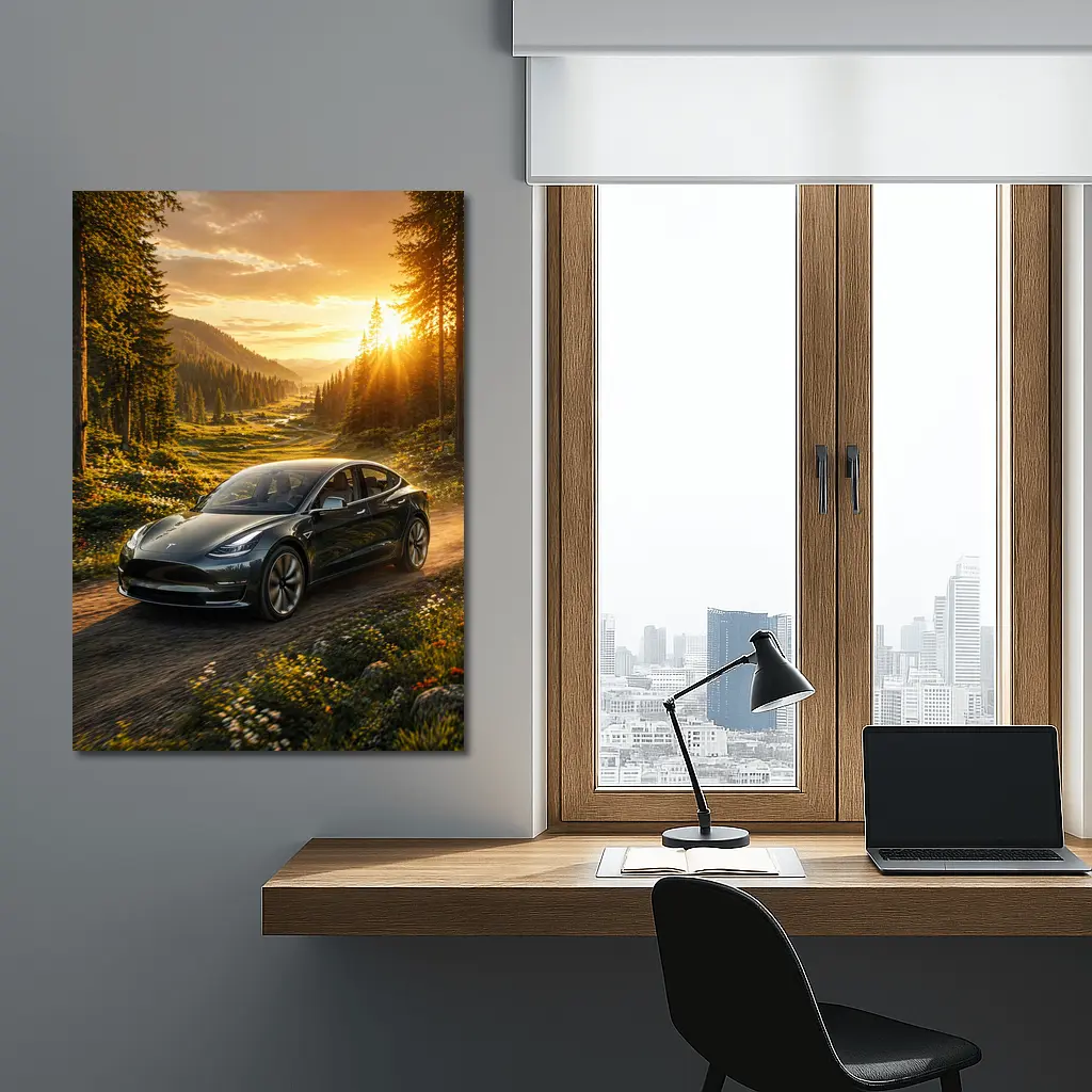Tesla Model 3 Driving Forest Sunset Road – Wall Art