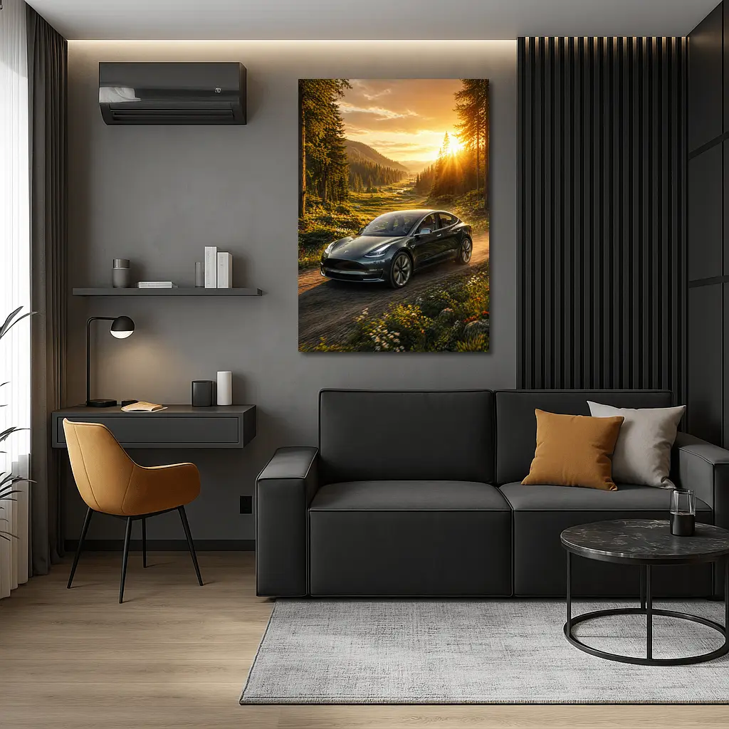 Tesla Model 3 Driving Forest Sunset Road – Wall Art
