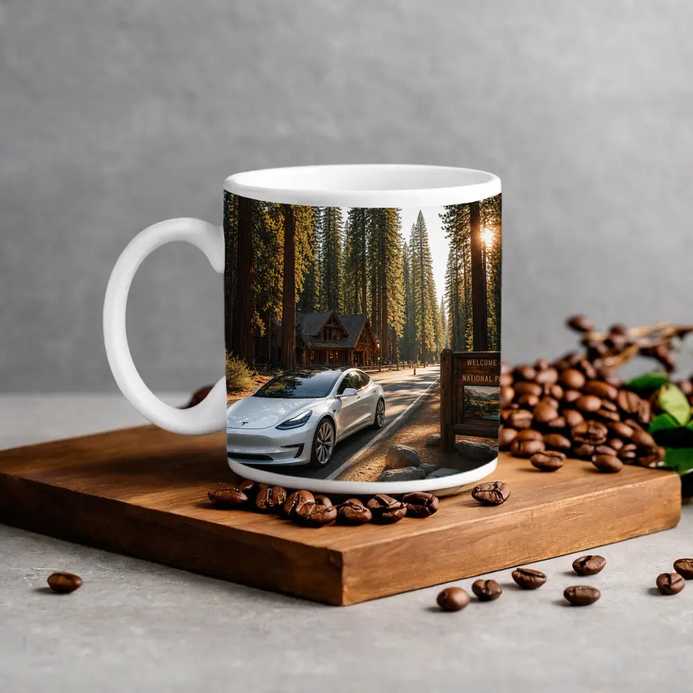 Tesla Model 3 White National Park Forest – Mugs