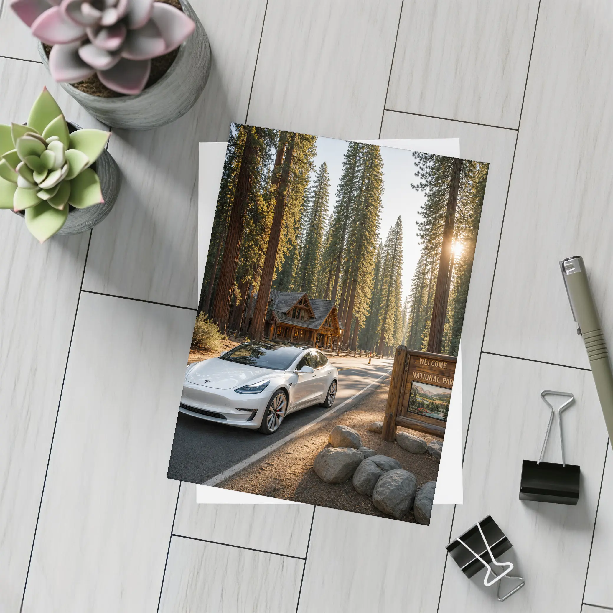 Tesla Model 3 White National Park Forest – Postcards